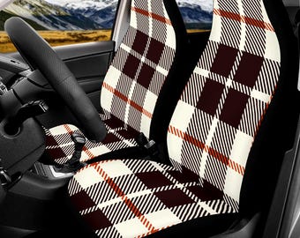 Neutral Plaid Car Seat Covers Full Set Check Pattern Front Rear Universal Fit Interior