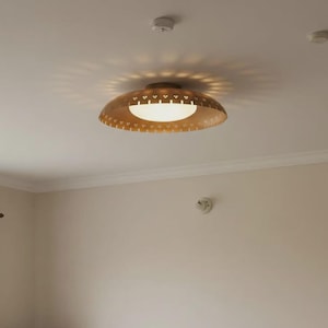 Mid Century Modern Brass Flush Mount Light, Italian Stilnovo Perforated Shade, Opal Glass Globe