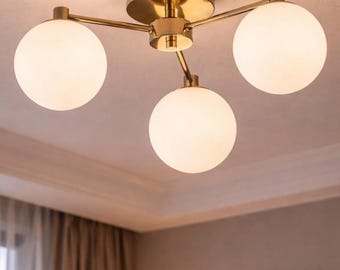 Modern Brass 3-Globe Semi Flush Mount Ceiling Light, Frosted Glass Fixture
