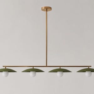 Linear Brass Chandelier 4 Light, Kitchen Island Pendant Light, Mid Century Modern Green Shade Ceiling Fixture, Dining Room Lighting