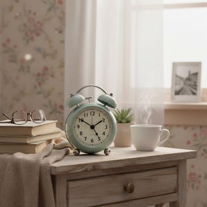 Puede incluir: Un despertador azul claro con esfera blanca sobre una mesita de noche de madera. Cerca hay una pila de libros, gafas y una pequeña planta en maceta. También hay una taza blanca con vapor saliendo.