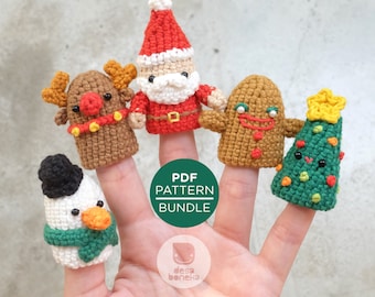 May include: A set of five finger puppets featuring a snowman, reindeer, Santa Claus, gingerbread man, and a Christmas tree. The puppets are crocheted and have a festive Christmas theme. The text "PDF PATTERN BUNDLE" is visible in the image.