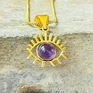 Amethyst evil eye necklace, Tribal lashes amulet pendant, Boho Eye Charm, 18k Gold Plated Brass, Protection jewelry