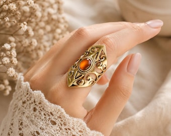 Carnelian Filigree Shield Ring | Gold Plated Brass | Boho Vintage Statement | Unisex Jewelry |