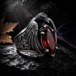 Gothic Garnet Gem Raven Ring | Oxide Silver Eagle Animal Statement Jewelry | Dark Fantasy Bird Jewelry | Leaf Crow Band |
