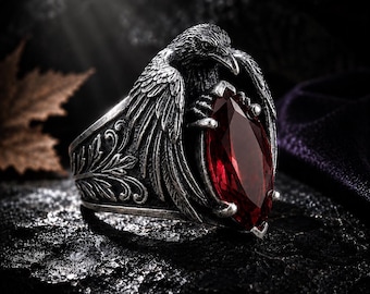Gothic Garnet Gem Raven Ring | Oxide Silver Eagle Animal Statement Jewelry | Dark Fantasy Bird Jewelry | Leaf Crow Band |