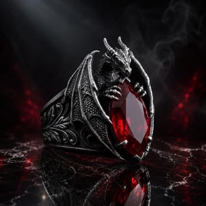 May include: A silver-toned ring featuring a sculpted dragon with spread wings clutching a large, faceted, marquise-cut red gemstone. The band displays intricate, embossed leaf-like patterns along the sides, finished with a dark, oxidized metallic texture.