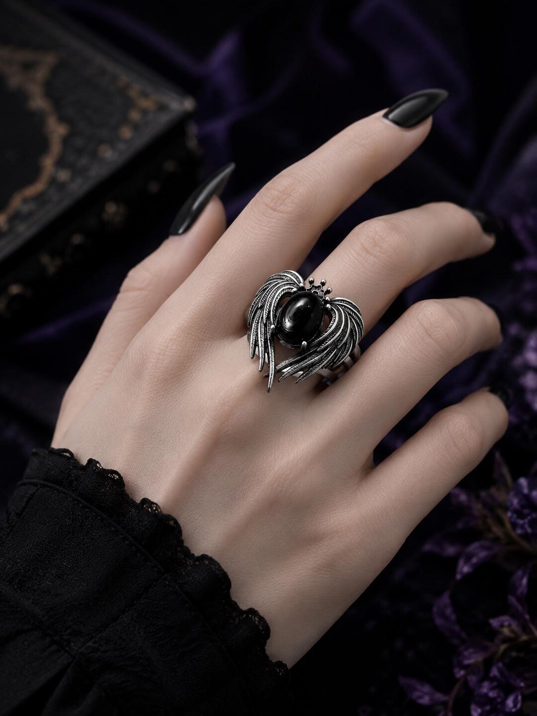 Gothic Black Onyx Ring | Boho Heart Angel Wing Ring | Oxide Silver ...