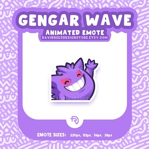Può includere: Un'emote animata viola con un personaggio Gengar sorridente che saluta. Il testo "GENGAR WAVE" è sopra il personaggio, con "ANIMATED EMOTE" e un indirizzo web sotto. Sfondo lavanda.