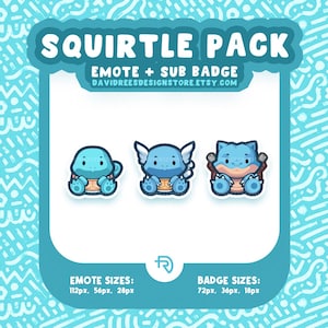 Może przedstawiać: Turkusowa grafika z trzema emotikonami i odznakami subskrypcji postaci Squirtle. Tekst "SQUIRTLE PACK" znajduje się na górze, z "EMOTE + SUB BADGE" i adresem URL sklepu Etsy poniżej. Rozmiary emotikonów to 112px, 56px i 28px. Rozmiary odznak to 72px, 36px i 18px.