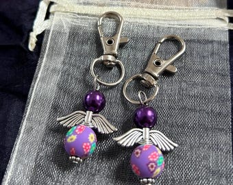 Angel keyring or bag charm clip, Reiki blessed (2 purple handmade charms)