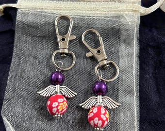 Angel keyring or bag charm clip, Reiki blessed (2 red and purple handmade charms)