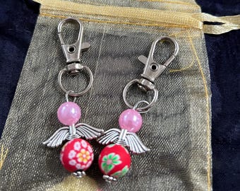 Angel keyring or bag charm clip, Reiki blessed (2 red and pink handmade charms)