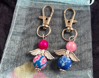 Angel keyring or bag charm clip, Reiki blessed (2 blue and pink handmade charms)