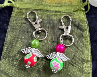 Angel keyring or bag charm clip, Reiki blessed (2 green and pink handmade charms)