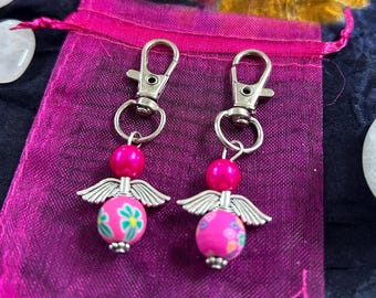 Angel keyring or bag charm clip, Reiki blessed (2 pink handmade charms)