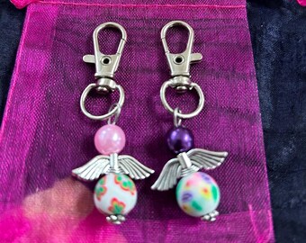 Angel keyring or bag charm clip, Reiki blessed (2 white, pink and purple  handmade charms)