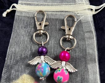 Angel keyring or bag charm clip, Reiki blessed (2 pink, blue and purple handmade charms)