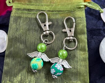 Angel keyring or bag charm clip, Reiki blessed (2 green handmade charms)