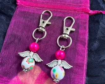 Angel keyring or bag charm clip, Reiki blessed (2 white and pink handmade charms)