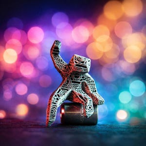 Puede incluir: Una escultura geométrica gris y blanca de una persona con un brazo levantado, sentada sobre un cilindro de metal oscuro. La escultura tiene un diseño abierto y detallado. El fondo presenta un efecto bokeh borroso con luces rosas, moradas y naranjas.