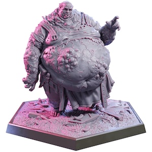 May include: A gray, grotesque figurine of a large, fleshy humanoid with bulbous growths and tattered clothing. The figure stands on a textured base with debris, and is gesturing with one hand. The overall theme is fantasy or horror.