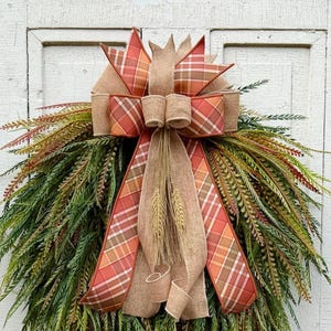 Fall Burlap Bow with Orange Plaid Ribbon, Rustic Autumn Lantern Bow, Front Door Decor, Pumpkin Decor, Harvest Porch Bow, Fall Wreath Bow