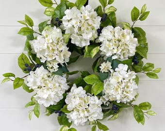 White Hydrangea Wreath with Blueberries, Spring and Summer Front Door Wreath, White Floral Wreath, Coastal Home Decor, Housewarming Gift