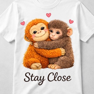 Könnte beinhalten: Weißes T-Shirt mit einer Grafik von zwei sich umarmenden Zeichentrickaffen, einem orangefarbenen und einem braunen, mit rosa Herzen darüber. Der Text "Stay Close" ist darunter gedruckt.