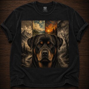 May include: A black short-sleeve t-shirt featuring a graphic print of a Rottweiler dog face centered over four vertical panels depicting different landscapes, including mountains, a forest, a sunset, and a bare tree. The shirt has a Comfort Colors label.