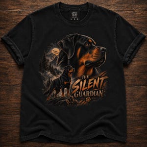 Könnte beinhalten: Ein schwarzes Kurzarm-T-Shirt mit einem Grafikdruck eines Rottweilers, einer Berglandschaft mit Mond und dem Text "THE SILENT GUARDIAN" sowie einem Pfotenabdruck-Symbol. Das T-Shirt hat einen Rundhalsausschnitt und ein Comfort Colors Markenetikett.