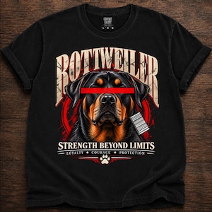 Könnte beinhalten: Ein schwarzes T-Shirt mit einer Rottweiler-Grafik und einem roten Balken über den Augen. Der Text lautet ROTTWEILER, STRENGTH BEYOND LIMITS, LOYALTY, COURAGE und PROTECTION. Ein Barcode ist am Hals des Hundes und ein Pfotenabdruck zu sehen.
