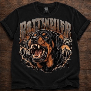 Könnte beinhalten: Ein schwarzes T-Shirt mit einer Grafik eines knurrenden Rottweilers mit gefletschten Zähnen. Der Text ROTTWEILER steht in großen, geschwungenen Buchstaben über dem Hund, darunter der Schriftzug Born to Protect. Das Design zeigt Blitze und Berge.