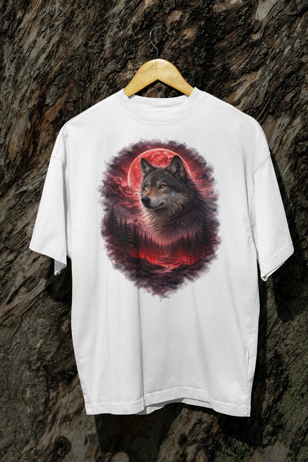 Wolf Face Graphic T‑Shirt with Red Moon – Mystic Forest Wolf Tee for ...