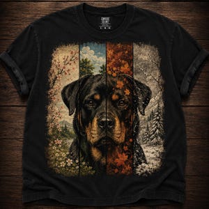 Könnte beinhalten: Ein schwarzes Kurzarm-T-Shirt mit einer zentralen Grafik eines Rottweiler-Hundegesichts, das in vier vertikale Paneele unterteilt ist, die die Jahreszeiten mit Frühlingsblumen, Sommergrün, Herbstlaub und einer winterlichen Schneelandschaft darstellen.