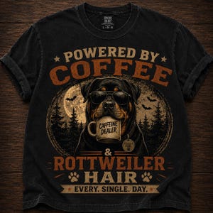 Könnte beinhalten: Ein schwarzes Kurzarm-T-Shirt mit einer Grafik eines Rottweilers mit Sonnenbrille, der eine Tasse mit der Aufschrift CAFFEINE DEALER hält. Der Text lautet POWERED BY COFFEE & ROTTWEILER HAIR EVERY. SINGLE. DAY. mit Mond, Bäumen und Fledermäusen.