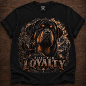 Könnte beinhalten: Ein schwarzes Kurzarm-T-Shirt mit einer großen Grafik eines Rottweilers, eines kleineren Rottweilers, eines Kompasses und Bergen. Der Text "BUILT FOR LOYALTY" ist in großen, verwittert wirkenden Buchstaben am unteren Rand des Designs gedruckt.