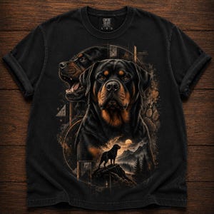 Könnte beinhalten: Ein schwarzes Kurzarm-T-Shirt mit einem Grafikdruck von zwei Rottweiler-Hunden. Ein Hund ist in einem Nahaufnahme-Porträt zu sehen, während der andere im Profil dargestellt ist. Darunter steht ein kleiner Rottweiler auf einem Berggipfel.