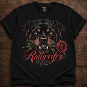 Könnte beinhalten: Ein schwarzes Kurzarm-T-Shirt mit einer grafischen Illustration eines Rottweilers, der eine rote Rose im Maul hält. Das Wort Rottweiler ist in einer roten Schreibschrift unter dem Kopf des Hundes gedruckt. Das T-Shirt hat ein Comfort Colors Etikett.
