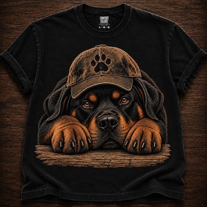 Könnte beinhalten: Ein schwarzes Kurzarm-T-Shirt mit einer Grafik eines Rottweilers, der eine braune Baseballkappe mit einem schwarzen Pfotenabdruck trägt. Der Hund stützt seine Vorderpfoten auf eine strukturierte Holzoberfläche. Das Shirt hat ein Comfort Colors Etikett.