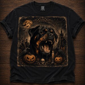 Può includere: Una t-shirt nera con una stampa grafica di un Rottweiler a bocca aperta, circondato da due zucche, un teschio, una candela accesa e due corvi. Lo sfondo raffigura un castello oscuro, una luna piena e alcuni pipistrelli.