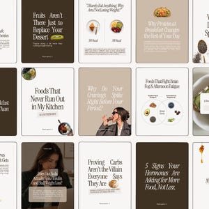 Può includere: Una griglia di quindici grafiche educative per social media con testo sulla nutrizione, fotografia di cibo e illustrazioni. I pannelli mostrano vari titoli come Why Chia Deserves a Spot in Your Kitchen e Diet Myths vs. Nutrition Facts.
