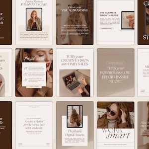 May include: A collection of fifteen digital marketing templates featuring a neutral color palette of brown, beige, and white. The designs include various layouts with serif typography, photographic elements, and instructional text for business growth.