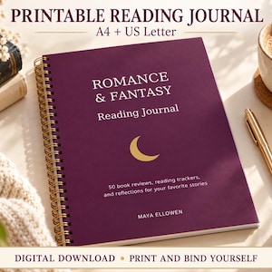 May include: A dark purple spiral-bound reading journal with gold text that reads ROMANCE & FANTASY Reading Journal, 50 book reviews, reading trackers, and reflections for your favorite stories, and MAYA ELLOWEN, featuring a gold crescent moon icon.