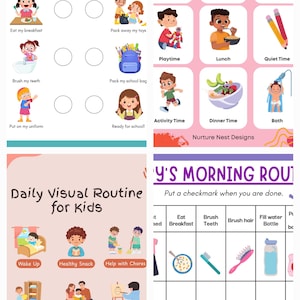 May include: A colorful visual schedule and checklist for kids, featuring illustrations for morning routines, including making the bed, eating breakfast, brushing teeth, and playtime. Includes text: "Morning Checklist" and "Visual Schedule for Autism."