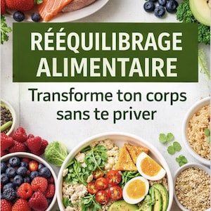 Peut inclure: Image colorée présentant une variété d'aliments sains. Saumon, baies et un bol de céréales avec des légumes et de l'avocat sont présentés. Le texte en français est : "RÉÉQUILIBRAGE ALIMENTAIRE" et "Transforme ton corps sans te priver."