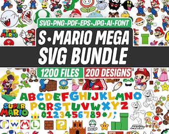 Super Mario SVG Bundle 1200 Files 200 Designs, Mario Alphabet Cricut Silhouette, Mario Bros Birthday Clipart Sublimation Instant Download