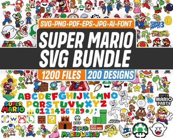 Super Mario SVG Bundle | 200 Retro Game Characters PNG EPS Font Set | Video Game Clipart for Cricut Shirt Design
