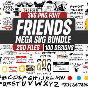 Könnte beinhalten: Ein digitales Grafikdesign-Bundle mit Elementen aus der Fernsehserie "Friends". Das Design umfasst Sätze, Silhouetten von Charakteren und ikonische Bilder wie das Central Perk-Logo und die orangefarbene Couch. Das Bundle enthält 250 Dateien und 100 Designs.