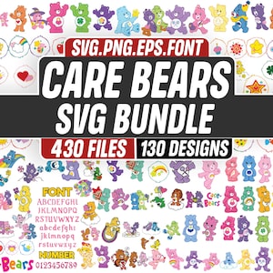 May include: A digital SVG bundle featuring various Care Bears designs. The image showcases numerous colourful Care Bears characters, along with decorative elements, a font, and numbers. The text on the image reads "CARE BEARS SVG BUNDLE" with "430 FILES" and "130 DESIGNS".
